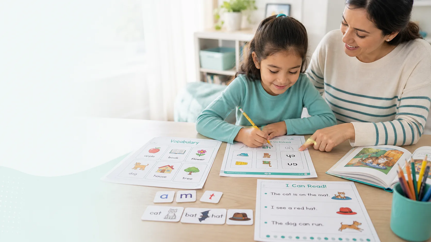 English worksheet materials with letters and books